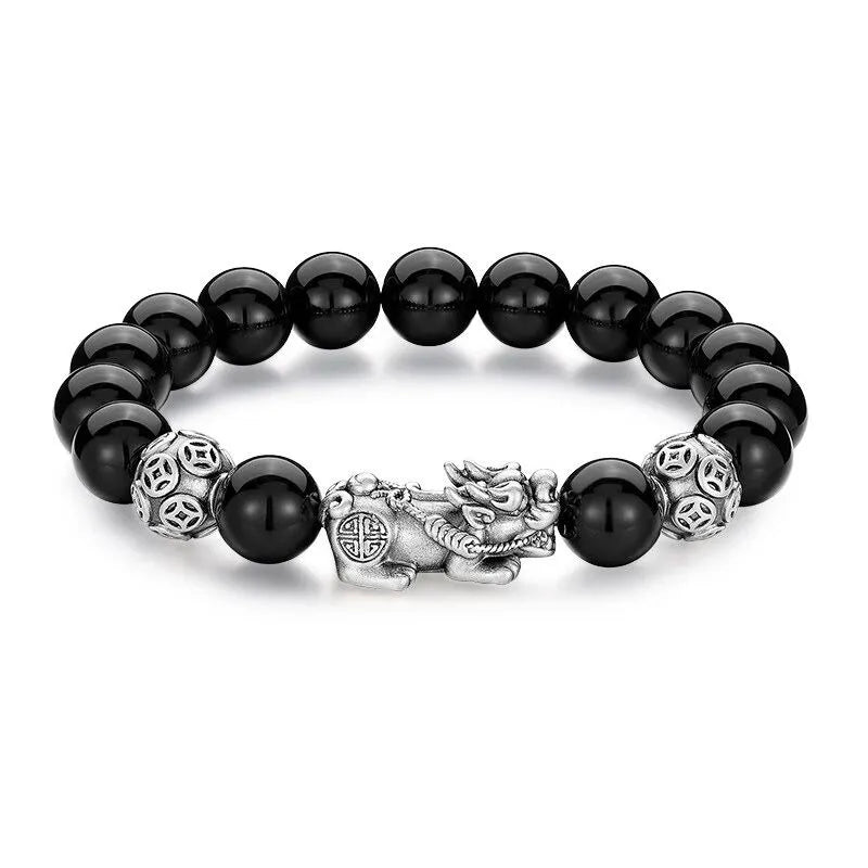 Men's 999 Pure Silver Pixiu Bracelet with Silver Obsidian
