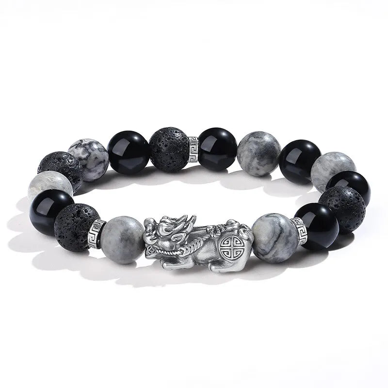 Men’s Vintage Obsidian Bracelet – Silver Pixiu Talisman for Wealth & Luck