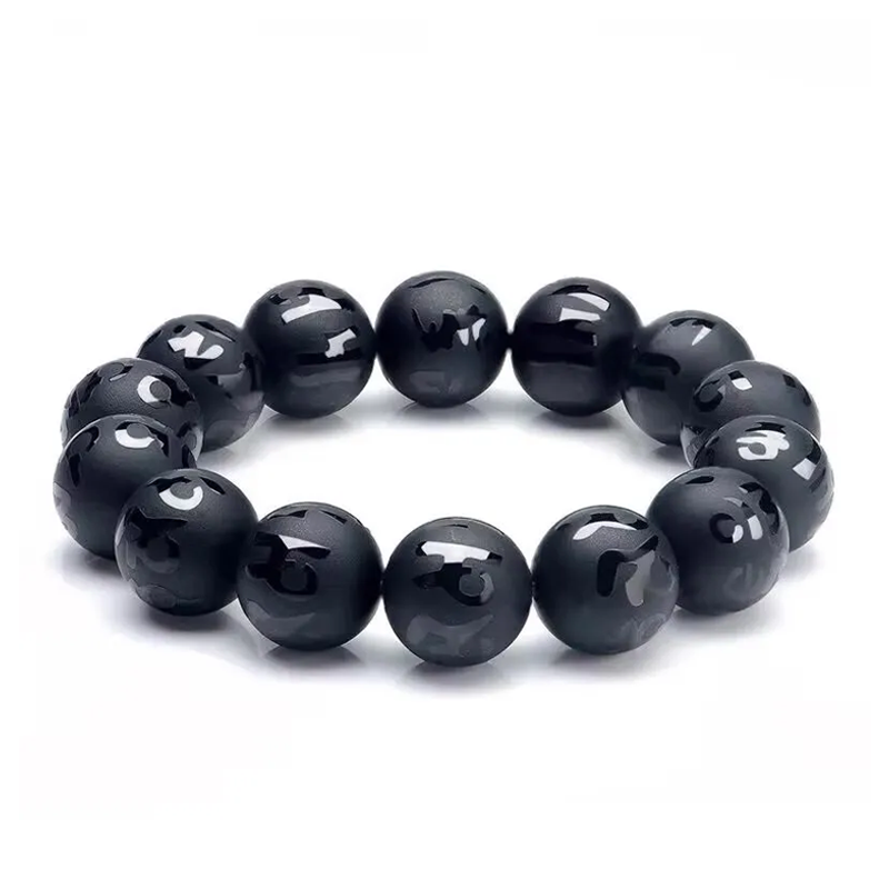 Matte Black Buddhist Prayer Bracelet – Engraved with Sacred Mantra