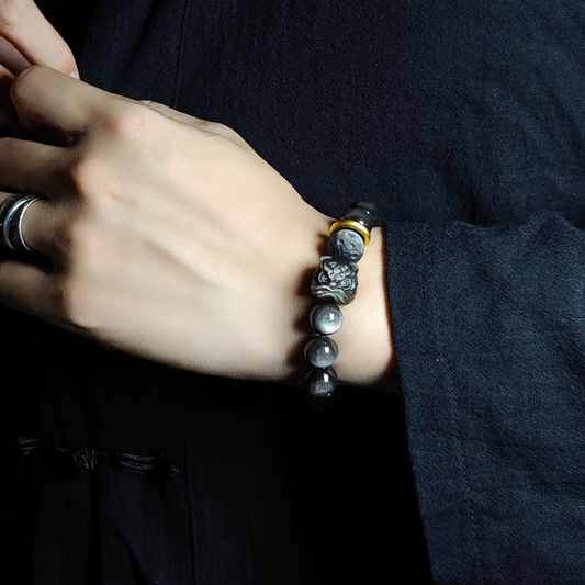 Five Element Metal-Water Balance Bracelet – Silver Obsidian & Guardian Lion