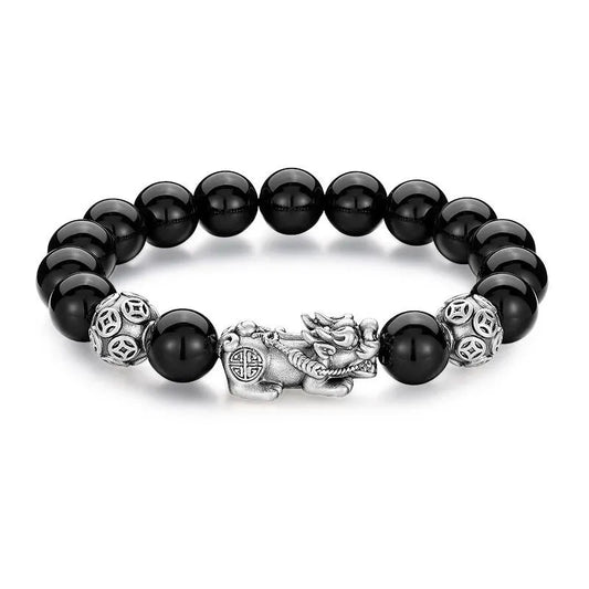 Men's 999 Pure Silver Pixiu Bracelet with Silver Obsidian