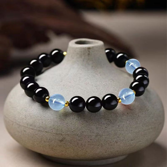 Five Elements Energy Bracelet | Aquamarine Chalcedony × Obsidian – Magnetic Balance & Protection