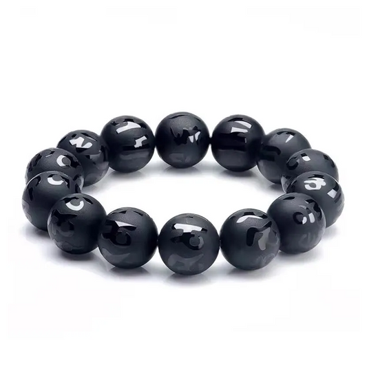 Matte Black Buddhist Prayer Bracelet – Engraved with Sacred Mantra