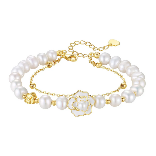 Sterling Silver Camellia Bracelet – Delicate Pearl Accent for Women